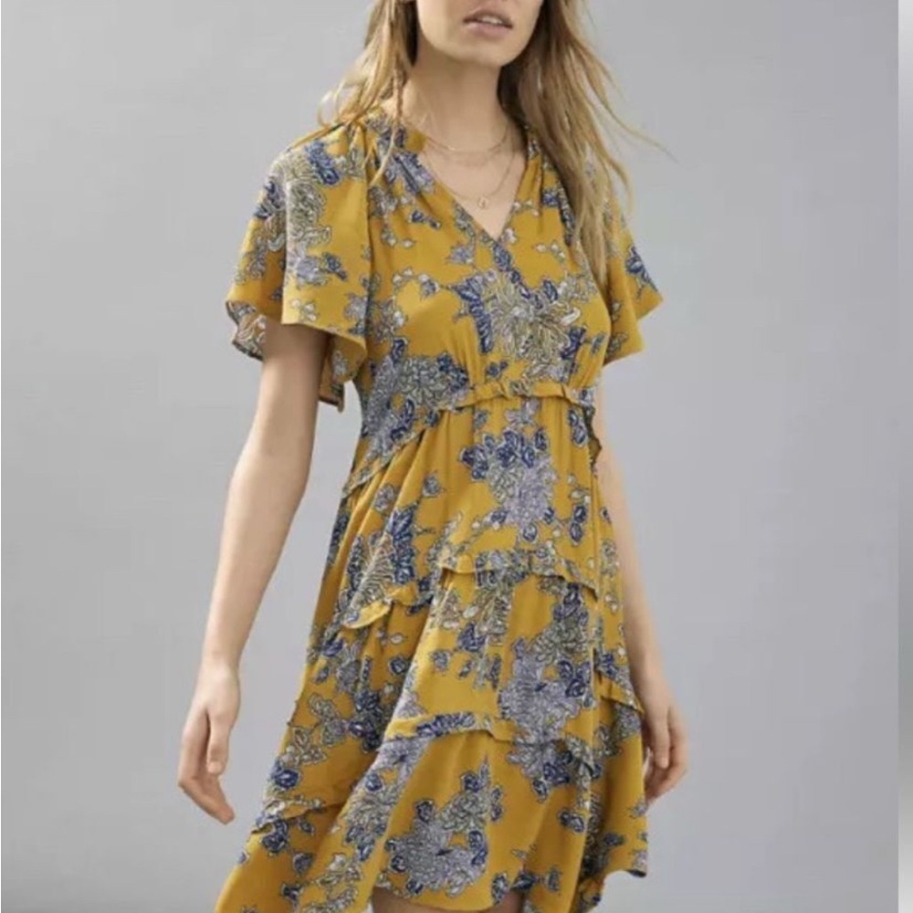 Anthropologie Yellow and Blue Ruffled Wrap Mini Dress- Perfect Condition